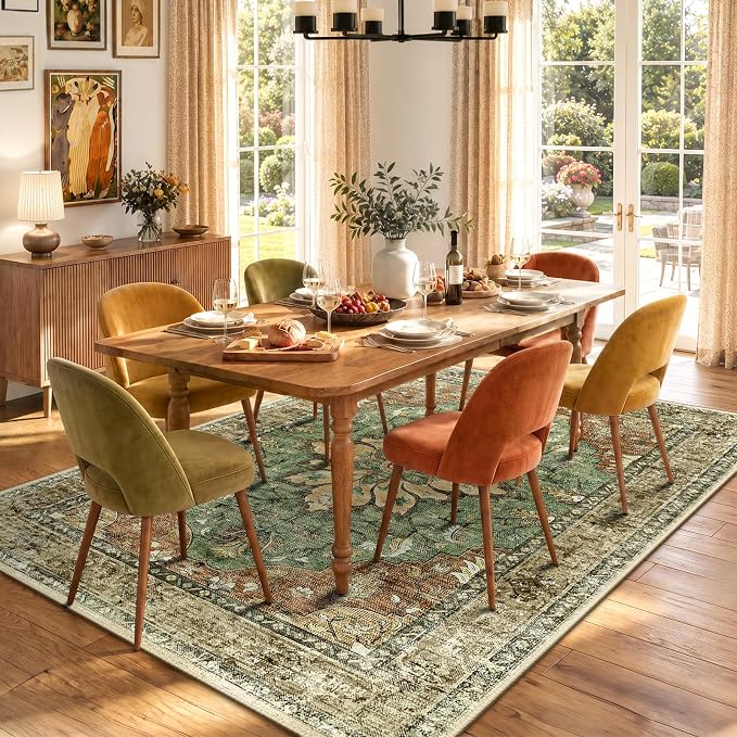 RELEANY Washable Area Rug, 6'x9', Brick/Brown/Green | Non-Slip, Water Repellent, Pet Friendly, Easy to Clean, Vintage Floral Boho Decor for Living Room Bedroom Dining Room Office