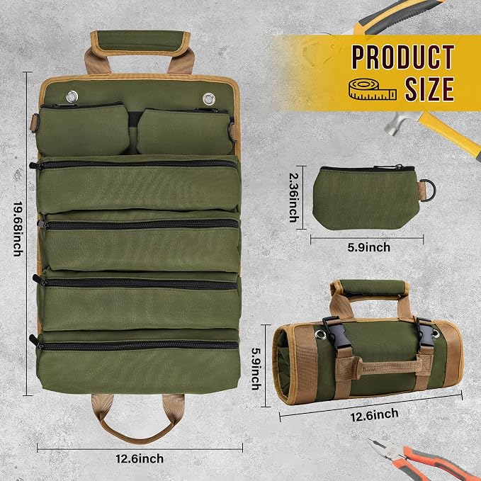 Tool Bag, Tool Bags for Men, Heavy Duty Tool Organizer, Portable Roll Up Tool Bag Gifts For Him, Mechanic, Electrician and Hobbyist, Car Tool Roll Organizer -Green