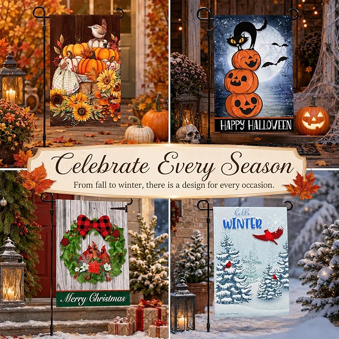 Seasonal Garden Flags Set of 10 12x18 inch Double Sided Yard Flags, Outside Small Garden Flag with Anti-Wind Clip and Stopper, Outdoor Holiday Lawn Decorative Decor