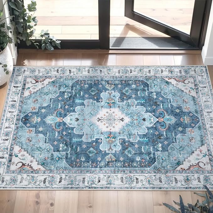 SERISSA 2x3 Washable Non Slip Boho Small Area Rug for Entryway | Ultra Soft Vintage Oriental Carpet Low-Pile Blue Indoor Mat for Bedroom Kitchen Bathroom Entrance Floor