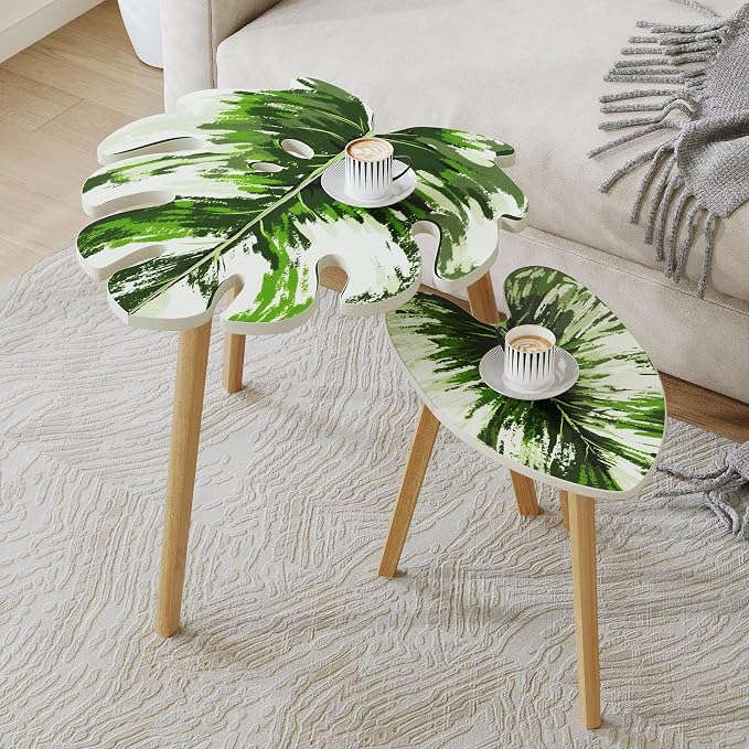 BAMEOS Monstera Leaf Nesting Tables Set of 2, Small Side Tables f Set with Leaf Vein Pattern, Modern Wooden CoffeeTables for Living Room Bedroom Apartment Balcony Yard