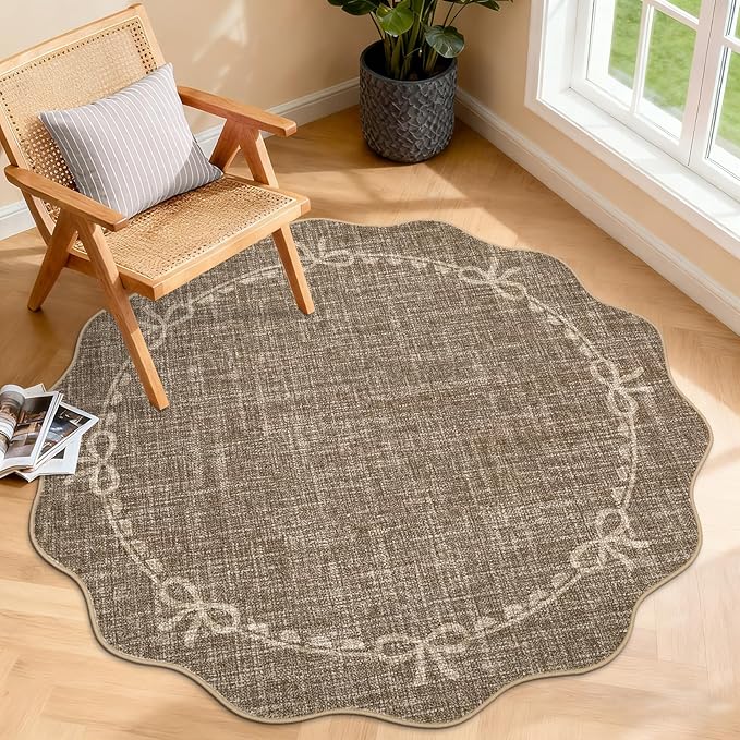 GarveeHome 4ft Round Rugs Washable Scalloped Bow Rug for Bedroom, Brown | Non Slip Soft Low Pile Ultra-Thin Stain Resistant Indoor Carpet for Living Room Nursery Girls Dorm Decor Kids Room Playroom