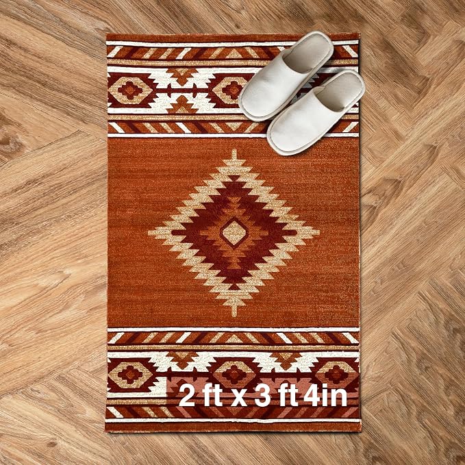 YHSF Southwestern Area Rug - Anti Static & Washable - Rust, 2 ft x 3 ft | Soft Native American Tribal Floor Rugs for Living Room, Bedroom, Hallways, and More - Easy-to-Clean Home Decors
