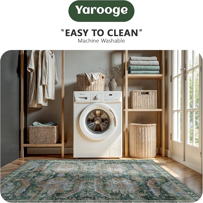 5x7 Area Rugs, Vintage Retro Soft Washable Rug, Non-Slip Low Pile Rugs for Living Room, Bedroom, Dining Room, Stain Resistant Home Decor Rug (Green)