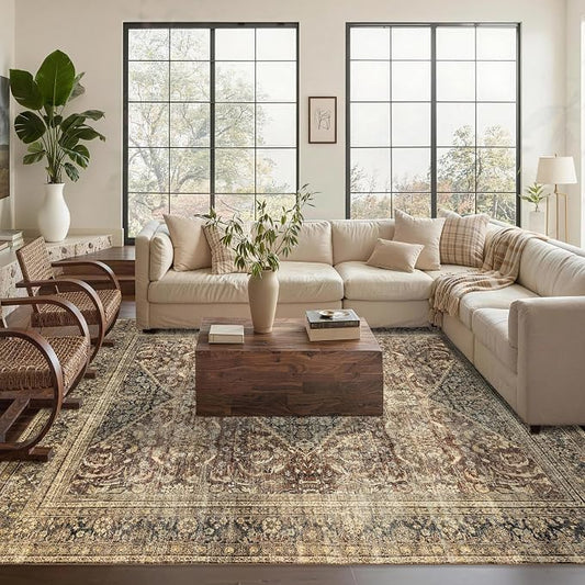 Washable 10x14 Area Rug: Vintage Brown Rugs for Living Room Bedroom Dining Room Office Indoor - Soft Non-Slip Large Carpet Home Decor - Oriental Dark Brown