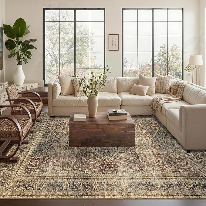 Washable 9x12 Area Rug: Vintage Brown Rugs for Living Room Bedroom Dining Room Office Indoor - Soft Non-Slip Large Carpet Home Decor - Oriental Dark Brown