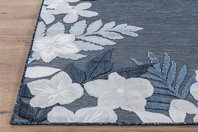 Outdoor Rug 6x9 Washable Area Rugs Indoor Outdoor Carpets Navy Border Floral Non Shedding Waterproof Easy Clean Patio Deck Porch Living Room Bedroom Garden RV (6 X 9 Navy)