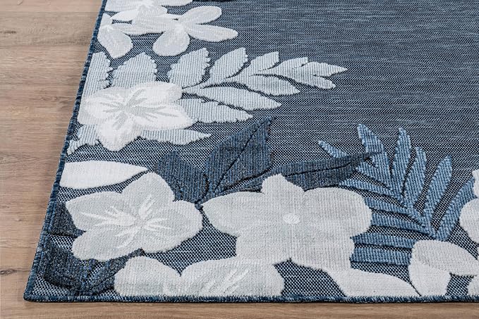 Outdoor Rug 10x14 Washable Area Rugs Indoor Outdoor Carpets Navy Border Floral Non Shedding Waterproof Easy Clean Patio Deck Porch Living Room Bedroom Garden RV (10 X 14 Navy)