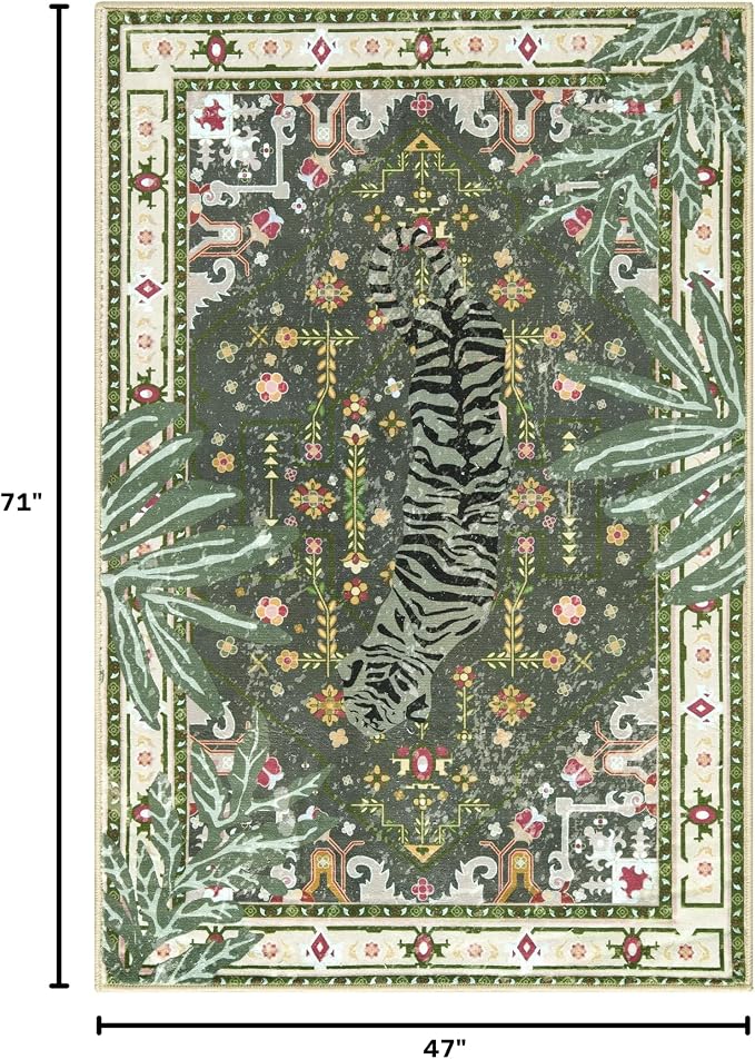 Oriental Tropical Washable Rugs, Greyish Green Boho Vintage Distressed Hippie 4x6 Area Rugs for Living Room Bedroom Kitchen Entryway Dorm, Abstract Botanical Animal Tribal Accent Carpet