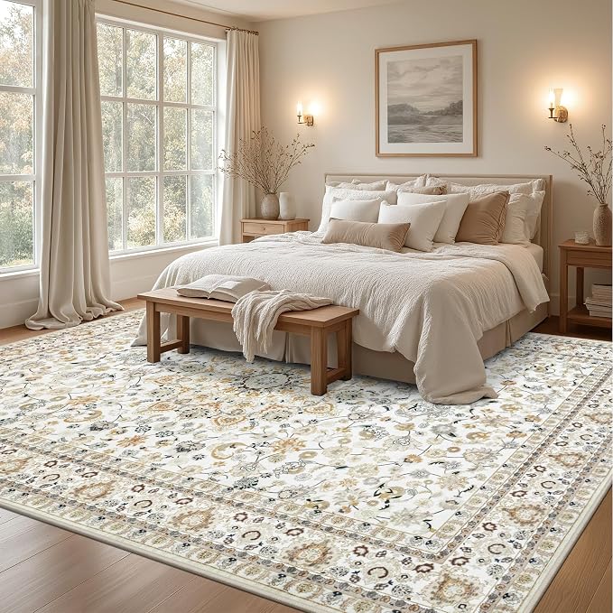 9x12 Area Rugs Living Room: Washable Vintage Rug for Bedroom Beige | Vintage No Slip Stain Resistant Rug Soft Indoor Decor Floor Floral Area Rugs for Dining Room, Nursery, Hallway, Home Office