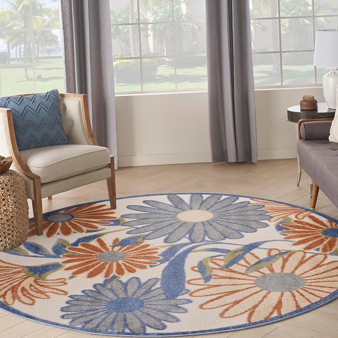 Nourison Home Aloha Beige Multicolor 5'3" x Round Area Rug - Easy Clean, Non Shedding, Bed Room, Living Room, Dining Room, Kitchen (5' x Round)