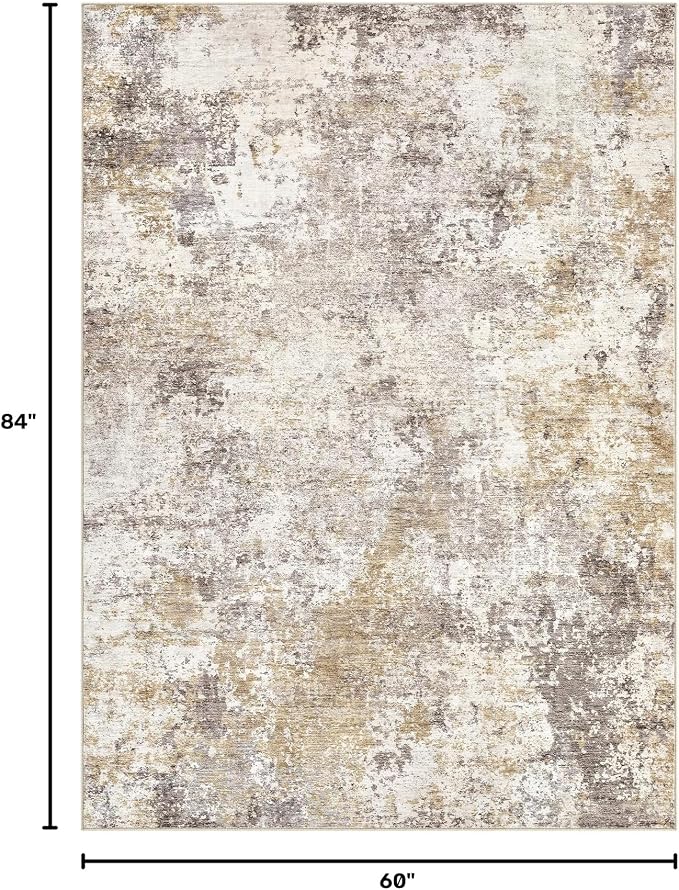 Nakagishi 5x7 Abstract Washable Area Rugs for Living Room-Golden Brown | Modern Non-Slip Silicone Backing Low Pile Soft Carpet for Bedroom Dining Decor for Families with Kids and Pets