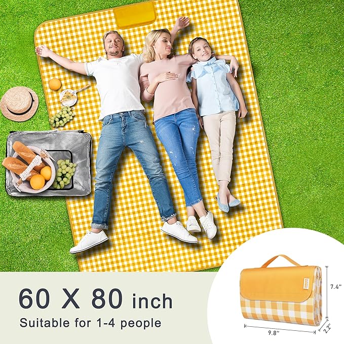 SAMSIER Outdoor Picnic Blankets Waterproof Foldable Sandproof, Large Gingham Cute Picnic Mat Washable Portable for Park Beach Camping Courtyard (Yellow, 60"×80")