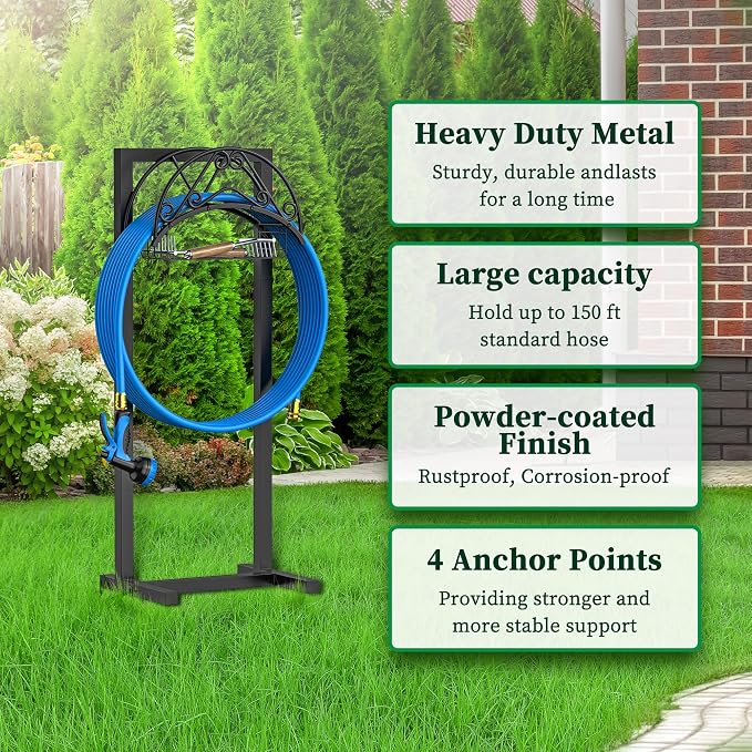 Garden Hose Holder - Upgraded Water Hose Holder Holds 150FT Hose, Heavy Duty Metal Hose Stand, Detachable Hose Storage Rack for Lawn & Yard