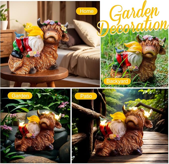 Pohabery Garden Gnome Statue - Highland Cow with Solar Flower LED Lights and Bird - Funny Outdoor Decor for Table, Patio, Lawn - Unique Birthday Gifts for Mom, Women, and Christmas Decorations