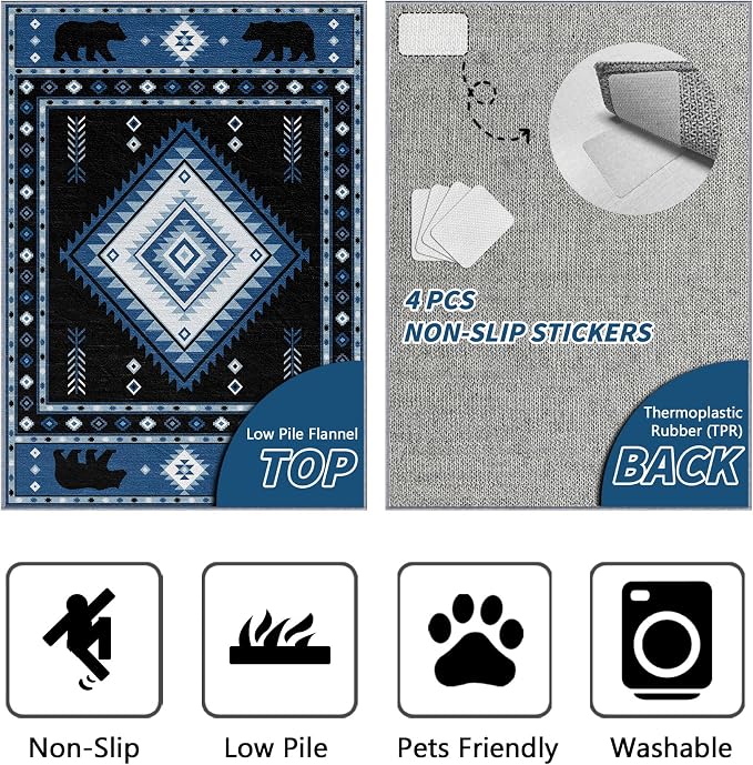 Aztec Rug 6x8 - Southwestern Bear Cabin Area Rugs for Living Room Bedroom, Rustic Farmhouse Machine Washable | Non-Slip | Soft Large Carpets, Native American Home Decor (Blue White Black)