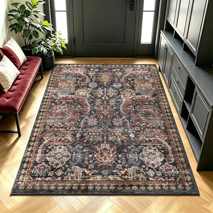 Washable Area Rugs - Perfect for Living Room, Bedroom, Kids Room, Nursery - Stain & Water Resistant Non-Slip, Pet & Child Friendly, Vintage Tribal Area Rugs (Rust, 4' x 6')