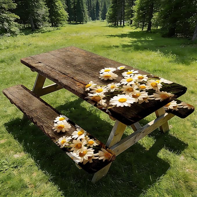 NYZE 3 Pieces Picnic Table Cover with Bench Covers Set, Vintage Wooden Elastic Edge Daisy Camping Tablecloth, Tablecloth Cover with Drawstring Bag, Camping Essentials for Outdoor Picnics, Patio, BBQ