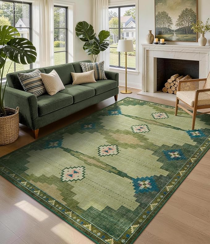 YIHOUSE 5’x7’ Washable Green Mid Century Modern Area Rug for Living Room | Non-Slip, Soft, Low Pile, Funky Retro Aztec Rug for Bedroom Dining Room Playroom, Green