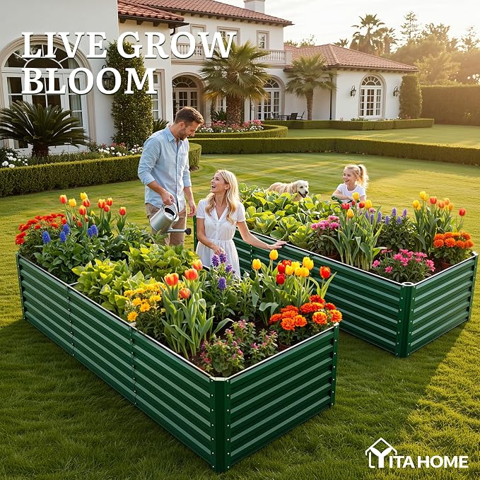 YITAHOME 6pcs 8x4x2 ft Galvanized Raised Garden Bed Kit, Large Metal Planter Box with Gloves, Safety Rubber & Support Rod, Outdoor Flower Bed for Plants Vegetables, Green