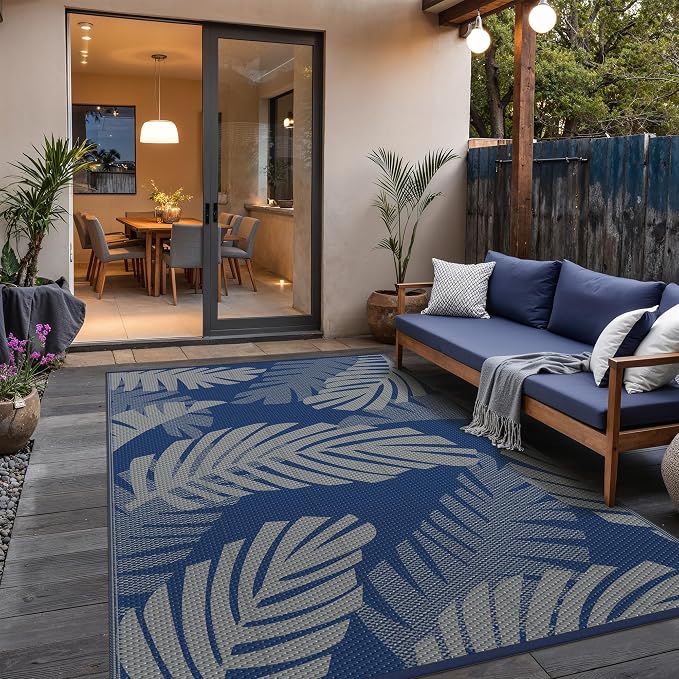GENIMO Waterproof Outdoor Rug 5' x 8' for Patio Decor, Reversible Plastic Straw Area Rugs for Camping Clearance, RV Mat, Large Outside Carpet for Porch, Deck, Picni, Balcony, Garden, Blue & Grey