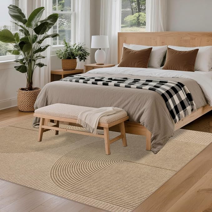 Easy Jute Rug 5x7 Outdoor: Natural Area Rugs for Patio Linen-Look Fabric Durable - Washable Carpet for Living Room Bedroom - Geometric Arch Pattern