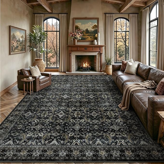8x10 Area Rugs for Living Room - Washable Vintage Retro Large Rug, Soft Ultra Thin Non Slip Low Pile Traditional Distressed Boho Carpet for Bedroom Dining Room Home Office, Black Gold