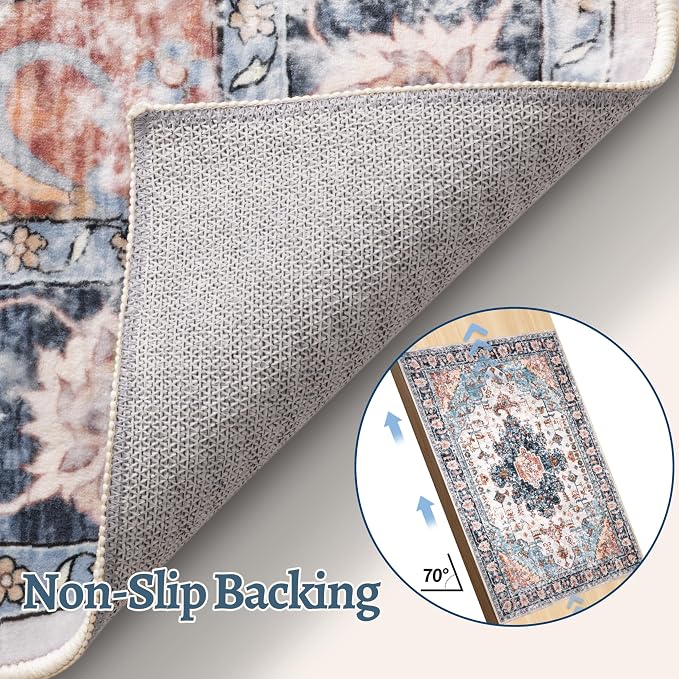 Tangsoo Vintage 2x3 Washable Rugs for Entryway, Non Slip Small Area Rug | Oriental Indoor Front Door Rug, Door Mat Small Carpet, Boho Soft Low Pile Throw Rugs for Entrance Entry Kitchen Bathroom Blue