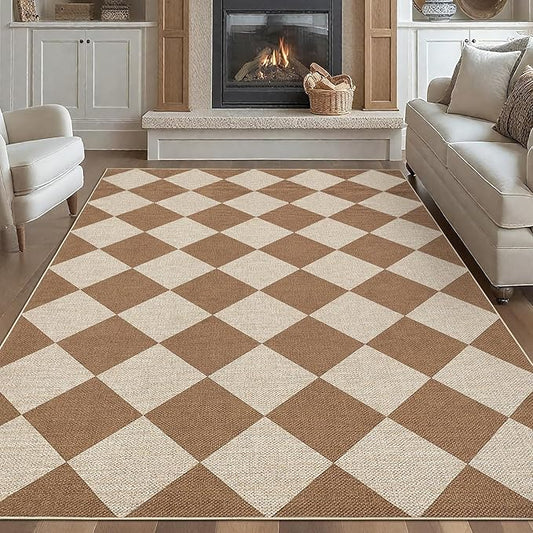 GarveeHome Checkered Easy Jute Area Rug 10x13 Machine Washable Non-Slip Stain Resistant Indoor Outdoor Rugs for Living Room, Bedroom, Kitchen, Dining, Patio Farmhouse Style Brown