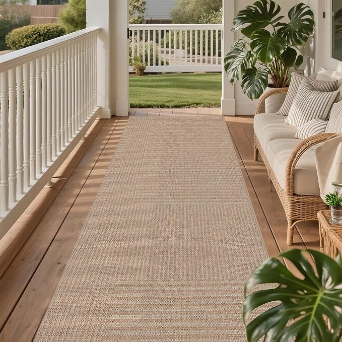 Outdoor Easy Jute Runner Rug: 2.5x8 Modern Natural Area Rugs for Front Patio Hallway Linen-Look Fabric Durable - Neutral Washable Mat for Entryway Kitchen Bedroom - Beige Stripes