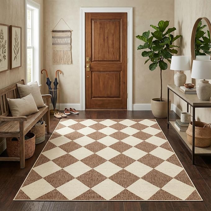 GarveeHome 3x5 Checkered Area Rug Non Slip Washable Entryway Bedroom Rug | Modern Geometric Plaid Brown Carpet Classic Throw Mat for Kitchen Bedside Kids Room Office Dining Room