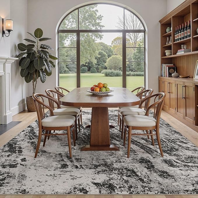 DMOYEST 7x9 Area Rug for Living Room Washable Abstract Indoor Carpet | Neutral Modern Low Pile Rugs Kid & Pet Friendly Large Soft Thin Carpet for Bedroom Dining Room and Office - Light Black