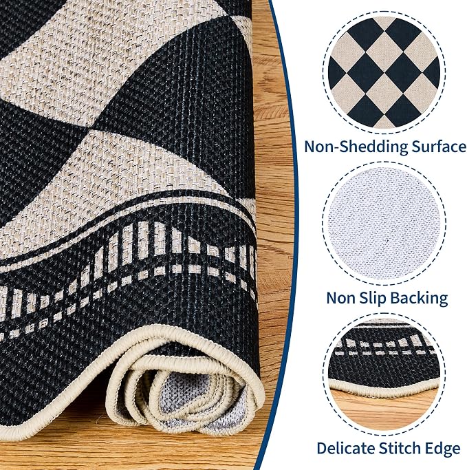 Garvee Easy Jute 2x6 Scalloped Kitchen Rugs Washable Rugs，Black/White | Indoor Outdoor Washable Rugs for Living Room Low Pile Floor Cover for Entryway Stain Resistant Indoor Carpet for Hallway