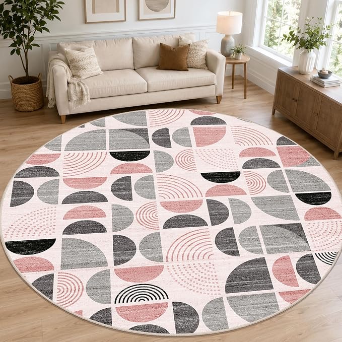 Round Rugs 9ft,Circle Area Rug Washable Non Slip Modern Abstract | Circular Rugs for Living Room Dining Room Large Boho Throw Carpet Soft Low Pile Floor Indoor Bohemian Pink and Grey