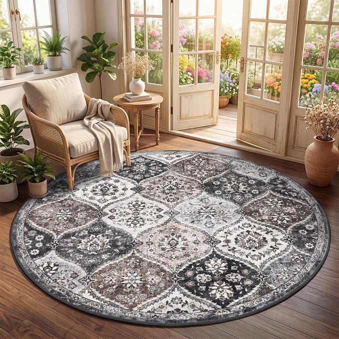 ROYHOME Washable Round Rug 5ft Moroccan Trellis Area Rug, Grey/Taupe | Stain Resistant Non-Slip Circle Rug Vintage Distressed Round Throw Carpet for Living Room Bedroom Kids Room Playroom