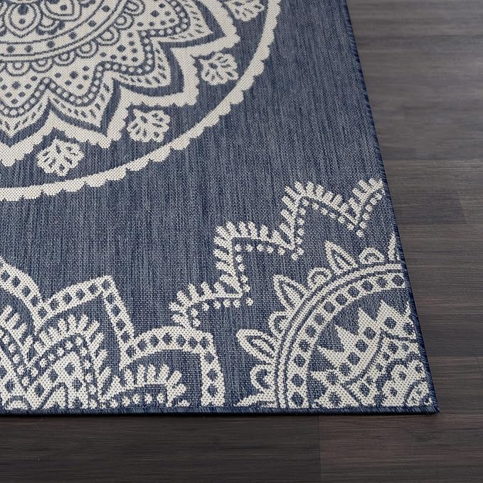 CAMILSON Outdoor Rug 10x14 Modern Area Rugs for Large Indoor and Outdoor Patios and Porches - Waterproof Washable Non-Shedding Easy-to-Clean Outside Carpet (10 x 14, Medallion - Blue/White)
