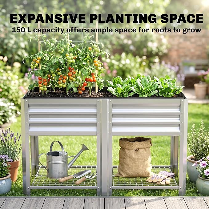 Outsunny Galvanized Steel Raised Garden Bed with Storage Shelf and Bed Liner, Elevated Planter Box with Legs for Flowers, Vegetables, and Herbs, for Outdoor Patio Yard, Glove Included, Silver