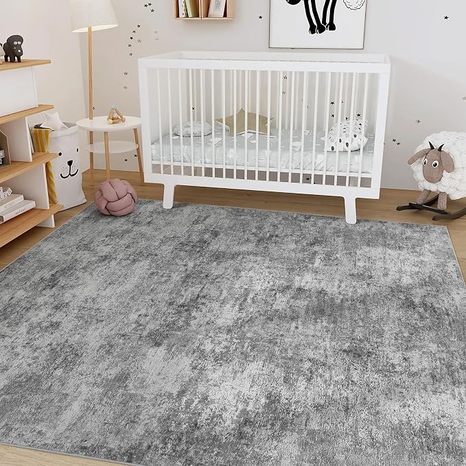 Nakagishi 8x10 Area Rugs Living Room: Washable Abstract Large Neutral Soft Rug Stain Resistant Modern Indoor Floor Non-Slip Carpet for Bedroom Nursery Kids Playroom Office Dining Room Dorm- Grey