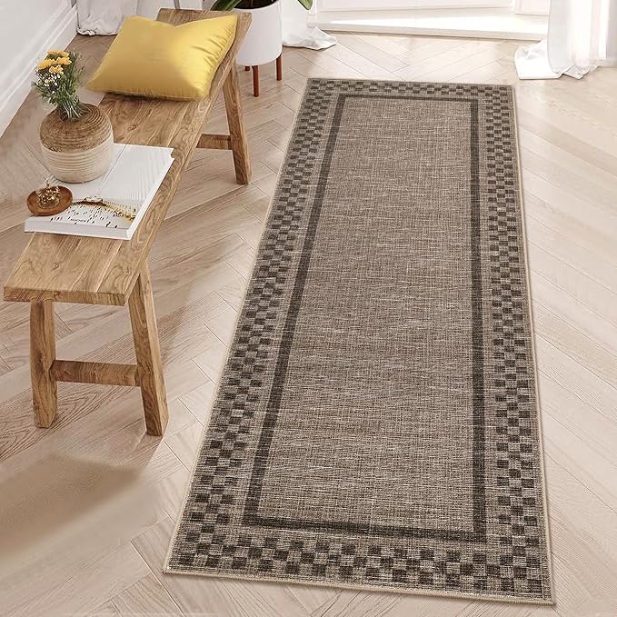 GarveeHome Runner Rug 2x6 for Kitchen Non Slip Washable Hallway Runner Rugs | Modern Bordered Bathroom Throw Mat Soft Non Shedding Checkered Runners Geometric Area Rug for Bedside Living Room, Brown