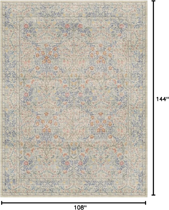 Washable Light Blue Bedroom Rug, 9x12 Area Rug for Living Room, Large Dining Room Rugs for Under Table, Soft Low Pile Non-Slip Stain Resistant Carpet - Vintage Floral Design (9x12 Beige Blue)