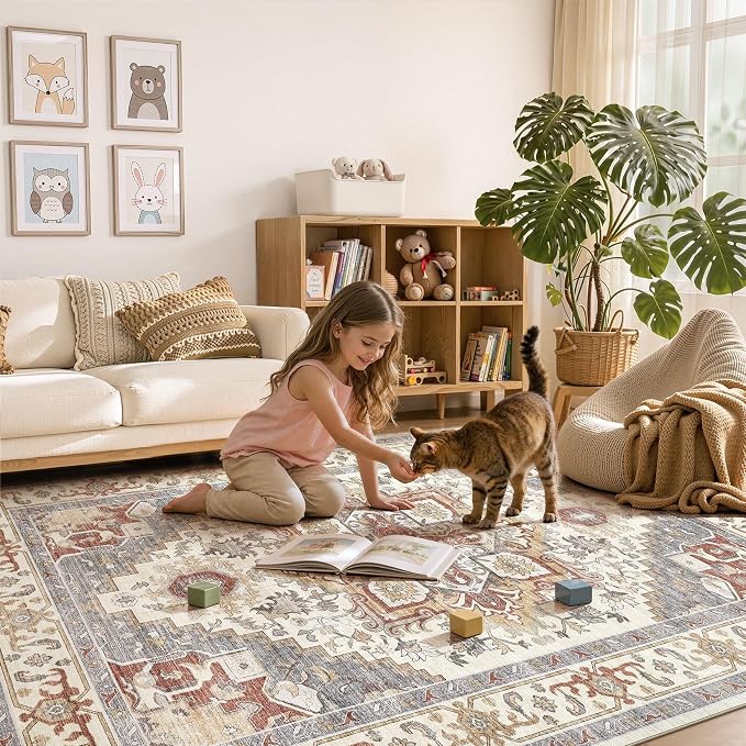 DTICON Vintage Washable 10x14 Area Rug Living Room Rugs, Orange Gray | Boho Distressed, Pet & Kid Friendly, Non-Slip Backing, Soft Polyester, Low-pile Carpet for Living Room, Bedroom, Dining Room