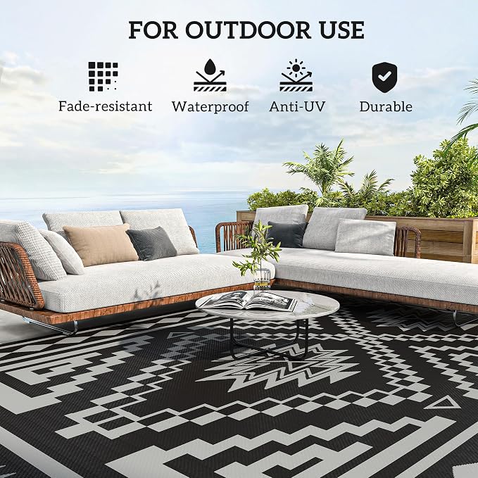 Outsunny Outdoor Rug for Patio, 9' x 18' Waterproof Large Mat, Reversible Plastic Straw Rug for Decor, Portable Outside RV Camping Area Carpet Mat for Backyard Porch Deck Picnic, Black & Gray Square