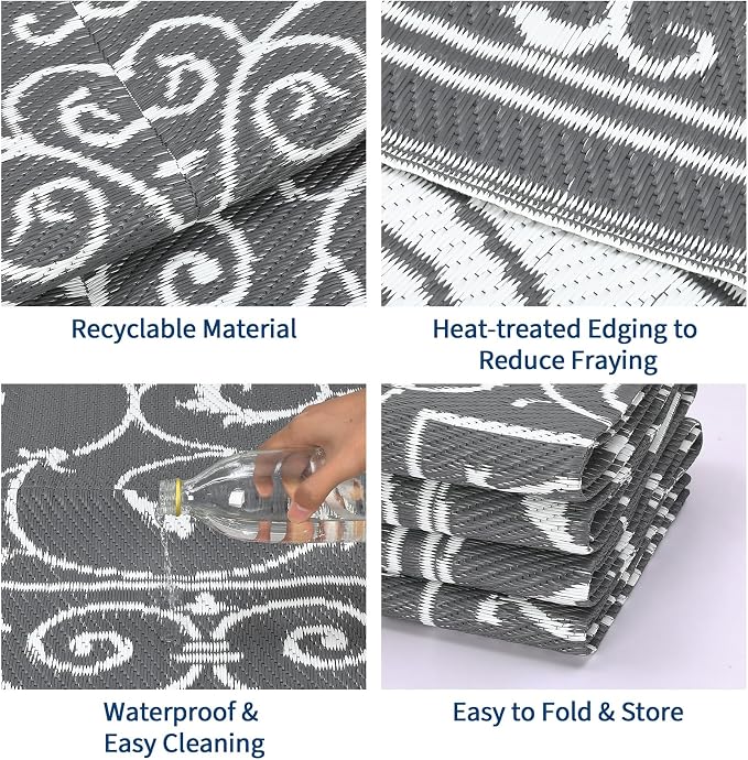 Garvee 9x12 Outdoor Rug for Patio Plastic Straw Rug Waterproof Reversible Mat Lightweight Foldable Carpet Easy Clean Large Rugs for Patio Porch Backyard Camping RV Beach Balcony Deck Vintage Grey