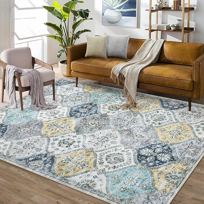 ROYHOME Washable Area Rug Moroccan Trellis Distressed Area Rugs, 3' x 5' | Stain Resistant Non-Slip Floor Carpet Vintage Medallion Accent Rug Farmhouse Floor Cover for Dining Room Bedroom, Blue/Yellow