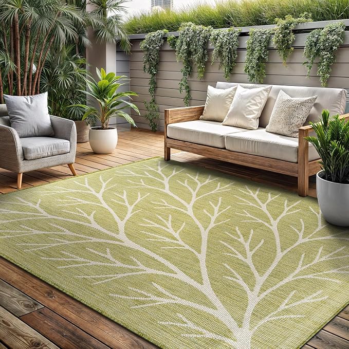 Washable Indoor Outdoor Rug 9x12 Modern Area Rugs Branch Pattern Non Shedding Waterproof Easy Clean Patio Deck Porch Living Room Bedroom Garden RV (9 X 12 Olive)