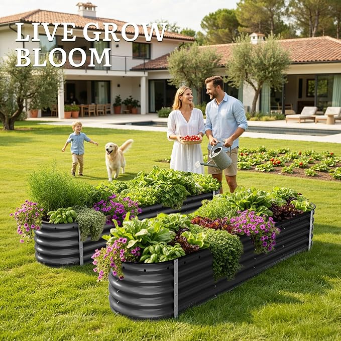 YITAHOME 8x2x1.5ft Large Raised Garden Bed Kit, 17" Tall 9 in 1Galvanized Metal Planter Box with Gloves & Safety, Outdoor Above Ground Planters for Plants Vegetables Flowers, Black