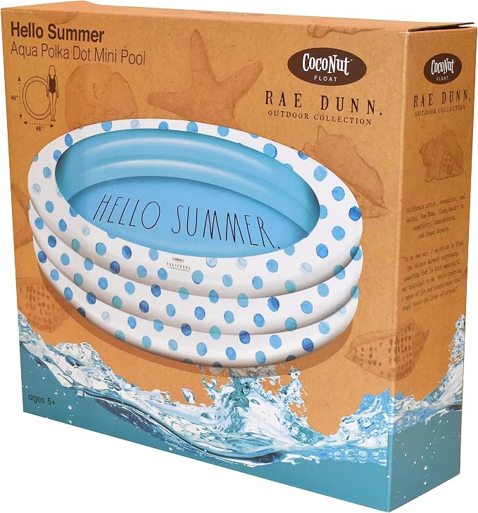 Rae Dunn x CocoNut Float Aqua Polka Dot Mini Pool, Hello Summer Theme | Inflatable swimming pool for kids, splash design, easy setup, great backyard fun, durable, perfect for summer parties