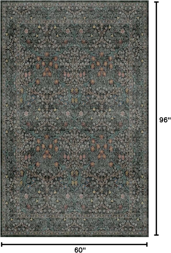 Washable Vintage 5x8 Living Room Rug, Dark Green Floral Area Rug for Bedroom Under Bed, Dining Room Under Small Dining Table, Office - Oriental Low Pile Non Slip & Stain Resistance (5x8 Dark Green)