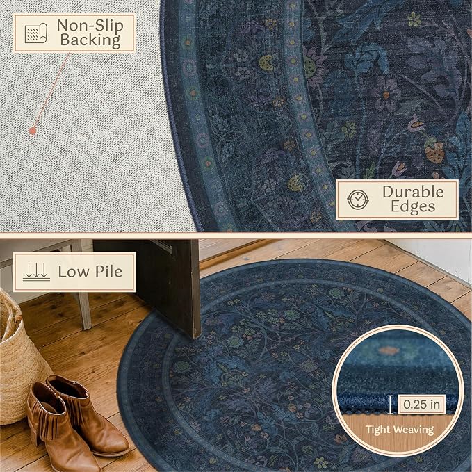 Washable 8ft Large Round Area Rug for Living Room, Moody Navy Botanical Floral Circle Carpet, Vintage Traditional Floor Rug for Dining Room Under Table, Non-Slip Stain Resistant for Bedroom