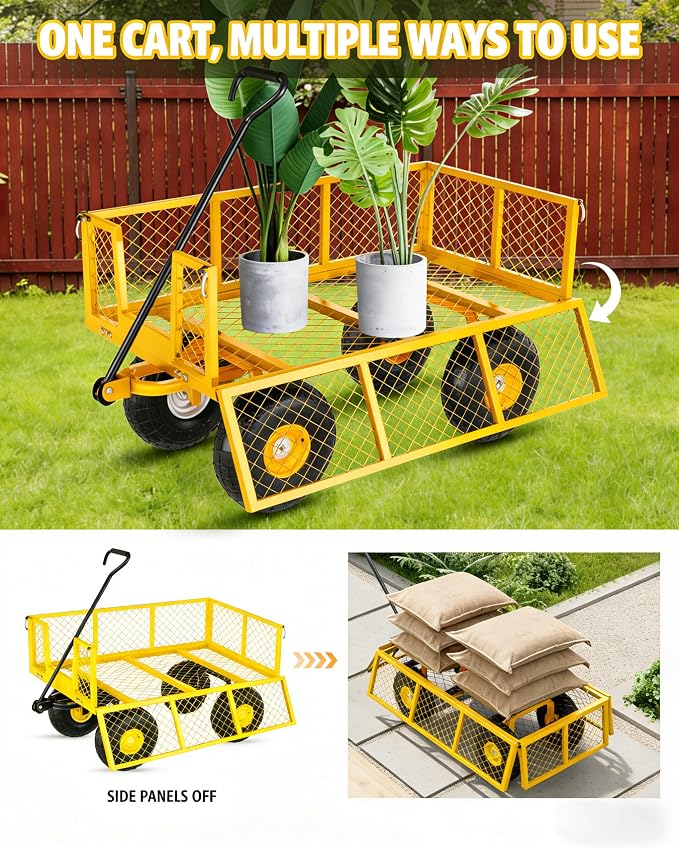 Garvee Steel Garden Cart, 500 LBS Capacity Utility Outdoor Wagon, Heavy Duty Mesh Garden Metal Wagon with Removable Sides, Flexible Handle for Yard, Lawn, Garden